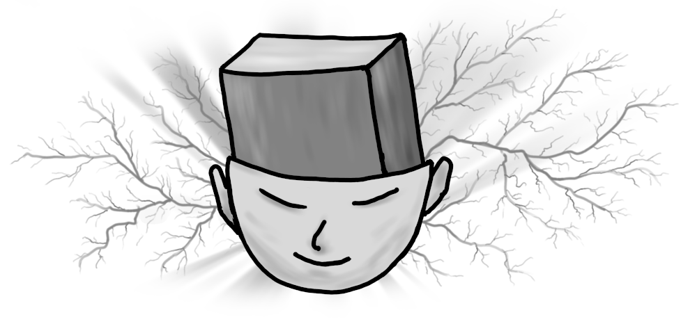 The illustration shows a head with a large monolith inside it instead of a brain