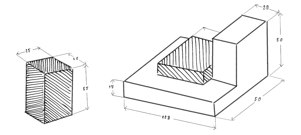 The illustration shows a technical drawing of solids symbolizing modules with marked dimensions